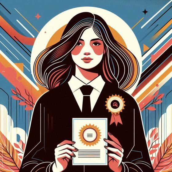A female student who is awarded a label of excellence and knows that she will be able to use it as an entry ticket to study elsewhere, abstract, bold and uplifting design